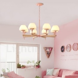 Suspension en bois macaron multicolore à 6 ou 8 lumières avec abat-jour en verre, style nordique