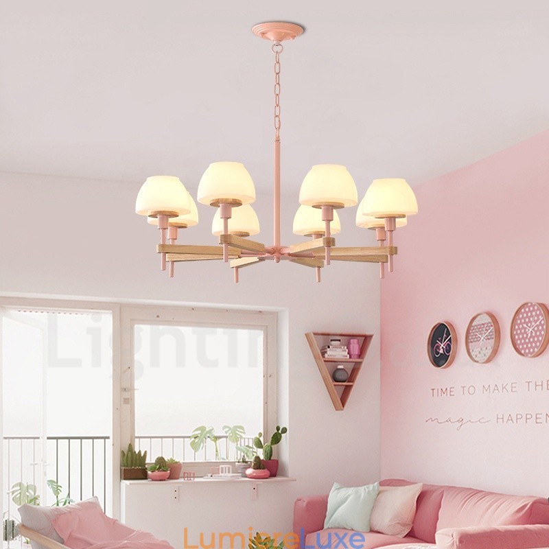 Suspension en bois macaron multicolore à 6 ou 8 lumières avec abat-jour en verre, style nordique