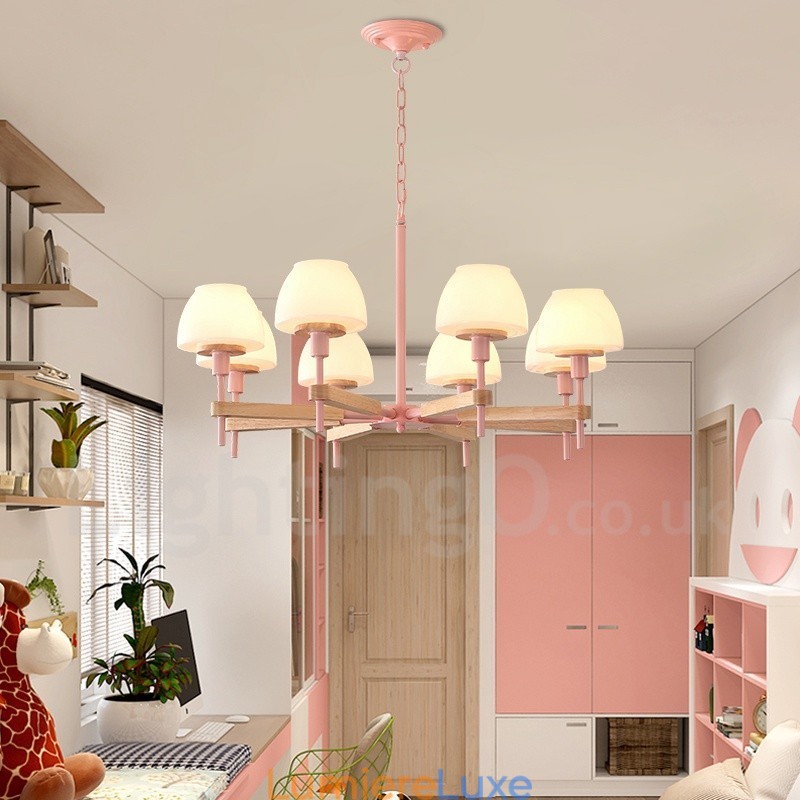 Suspension en bois macaron multicolore à 6 ou 8 lumières avec abat-jour en verre, style nordique