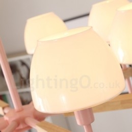 Suspension en bois macaron multicolore à 6 ou 8 lumières avec abat-jour en verre, style nordique