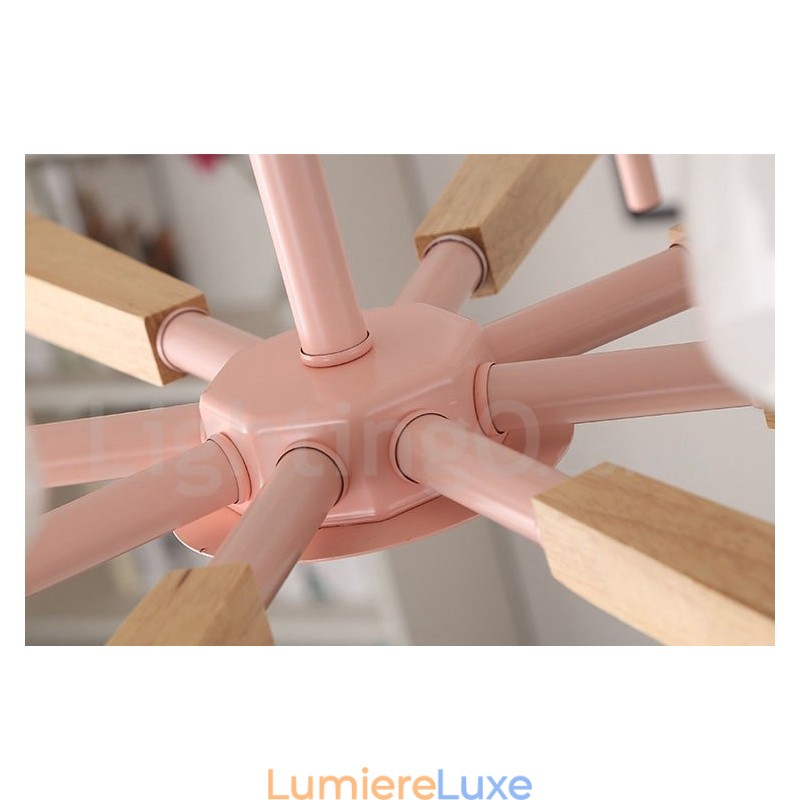 Suspension en bois macaron multicolore à 6 ou 8 lumières avec abat-jour en verre, style nordique