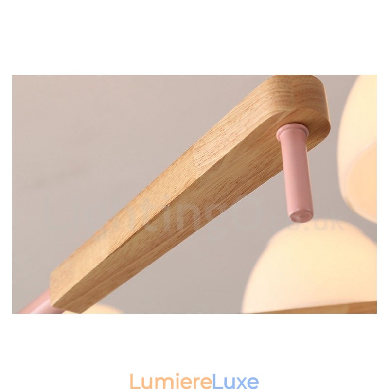 Suspension en bois macaron multicolore à 6 ou 8 lumières avec abat-jour en verre, style nordique