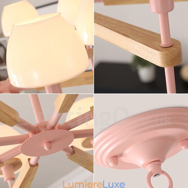 Suspension en bois macaron multicolore à 6 ou 8 lumières avec abat-jour en verre, style nordique