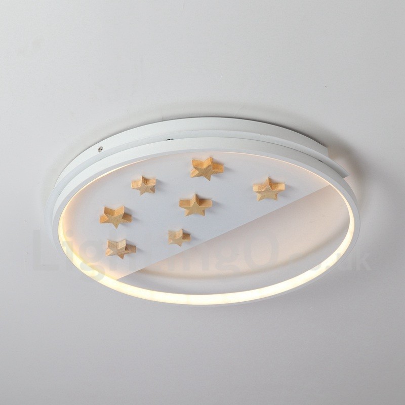 Plafonnier rond en bois à intensité variable, étoiles blanches, lampe de plafond ultra-mince, peut également être utilisé comme applique murale.
