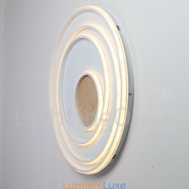 Plafonnier ultra-fin en bois à anneaux blancs à intensité variable, utilisable également comme applique murale