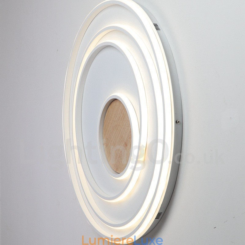 Plafonnier ultra-fin en bois à anneaux blancs à intensité variable, utilisable également comme applique murale