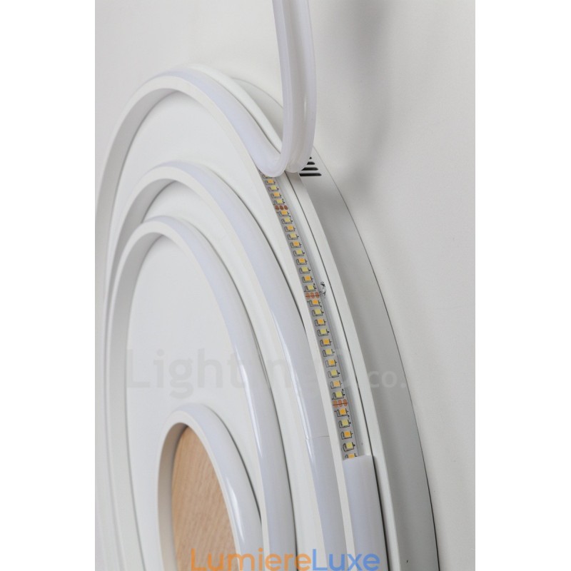 Plafonnier ultra-fin en bois à anneaux blancs à intensité variable, utilisable également comme applique murale