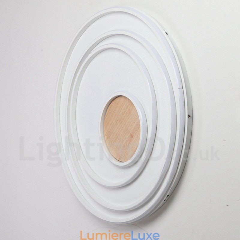 Plafonnier ultra-fin en bois à anneaux blancs à intensité variable, utilisable également comme applique murale