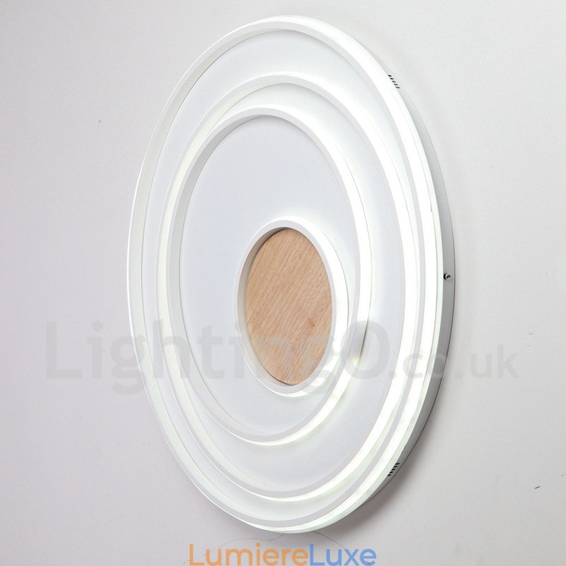 Plafonnier ultra-fin en bois à anneaux blancs à intensité variable, utilisable également comme applique murale