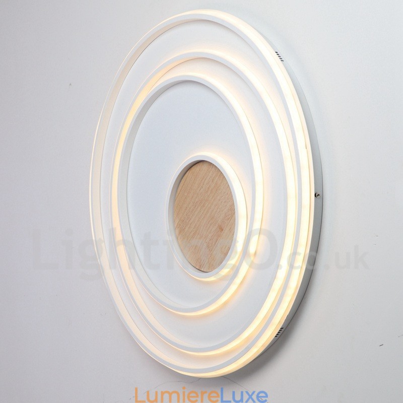 Plafonnier ultra-fin en bois à anneaux blancs à intensité variable, utilisable également comme applique murale