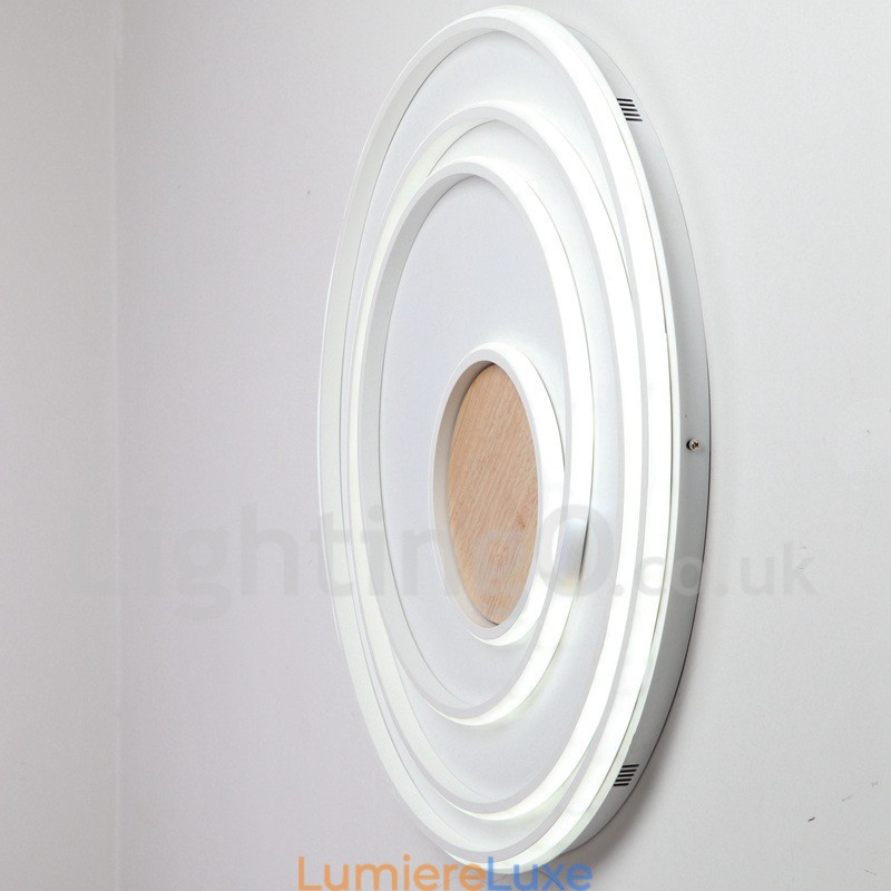 Plafonnier ultra-fin en bois à anneaux blancs à intensité variable, utilisable également comme applique murale