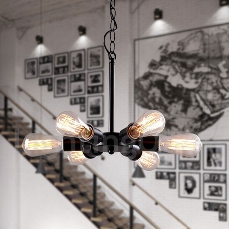 Suspension noire rustique rétro vintage à 6 lumières