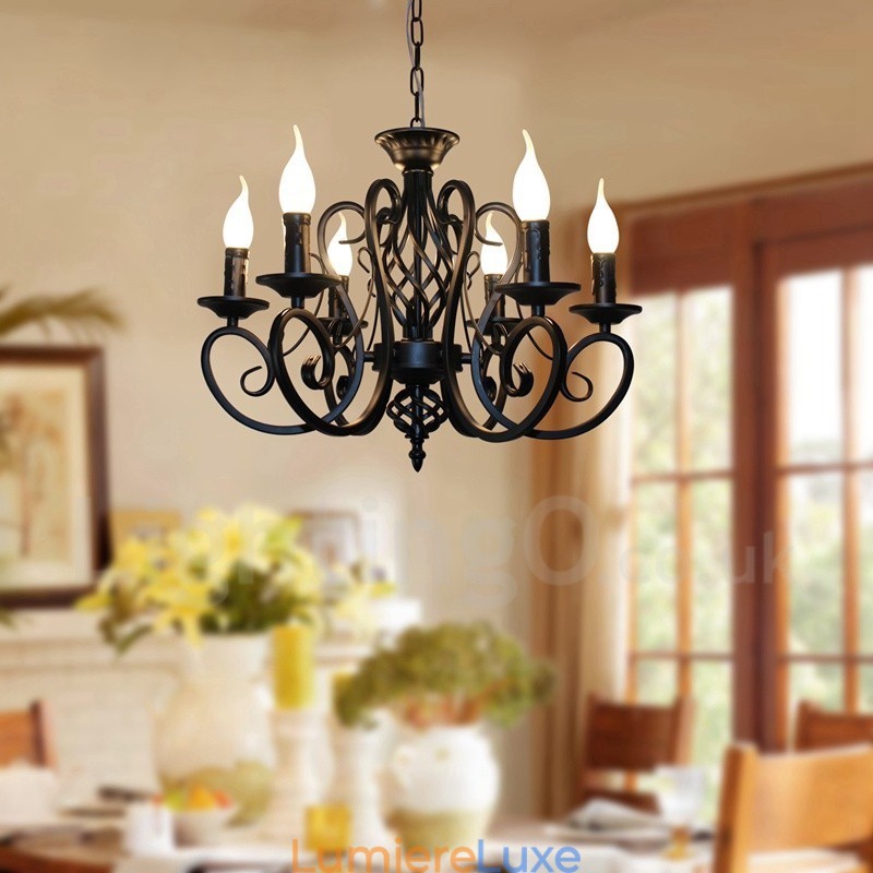 Lustre suspendu rustique rétro vintage noir et blanc à 6 lumières