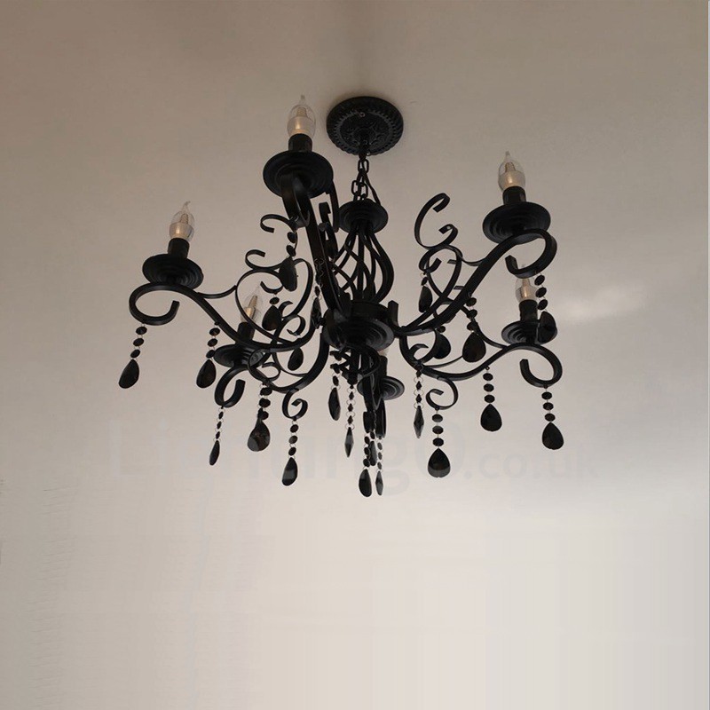Lustre suspendu à 6 lumières en cristal rustique rétro vintage noir blanc bleu