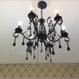 Lustre suspendu à 6 lumières en cristal rustique rétro vintage noir blanc bleu
