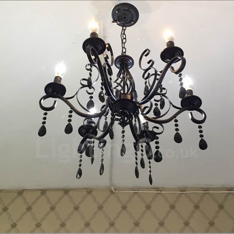 Lustre suspendu à 6 lumières en cristal rustique rétro vintage noir blanc bleu