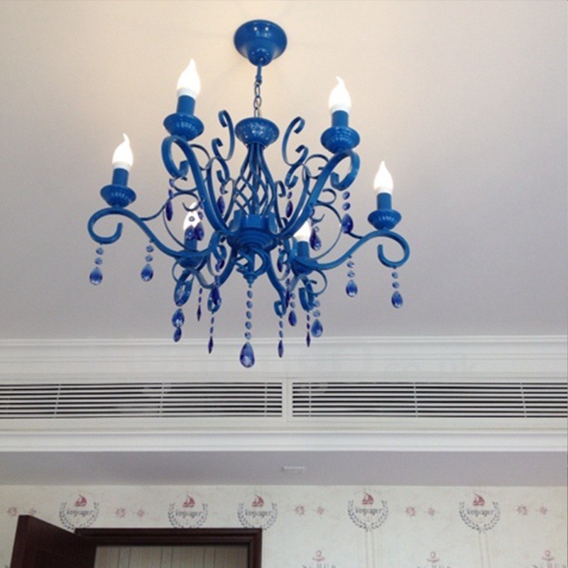 Lustre suspendu à 6 lumières en cristal rustique rétro vintage noir blanc bleu