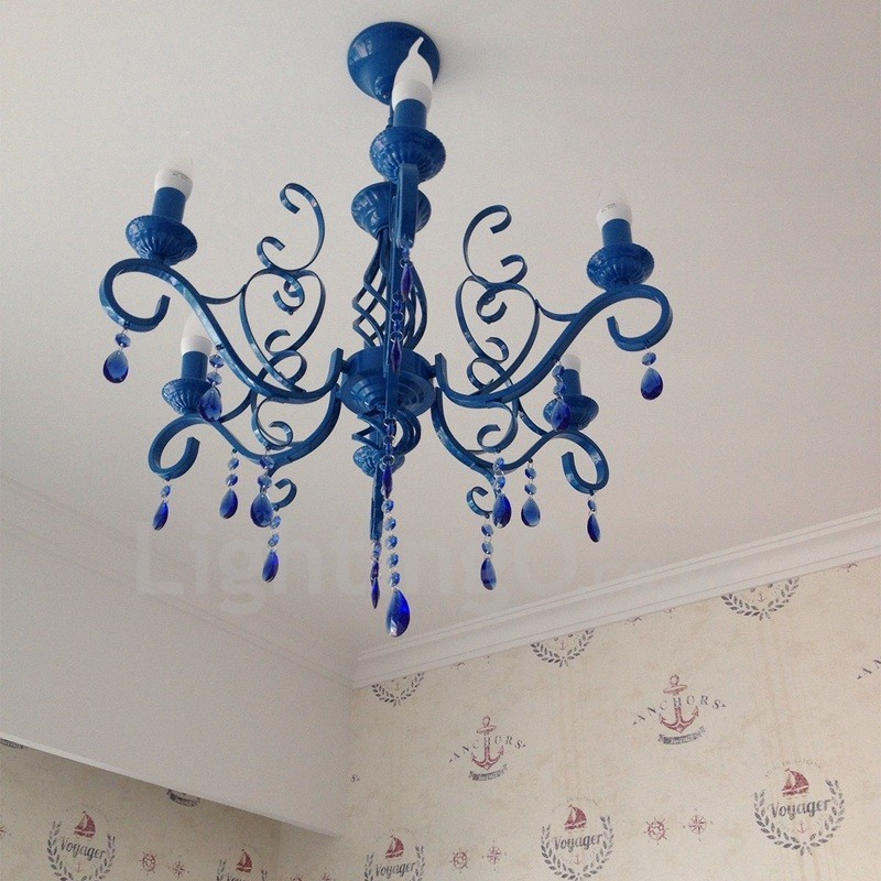 Lustre suspendu à 6 lumières en cristal rustique rétro vintage noir blanc bleu