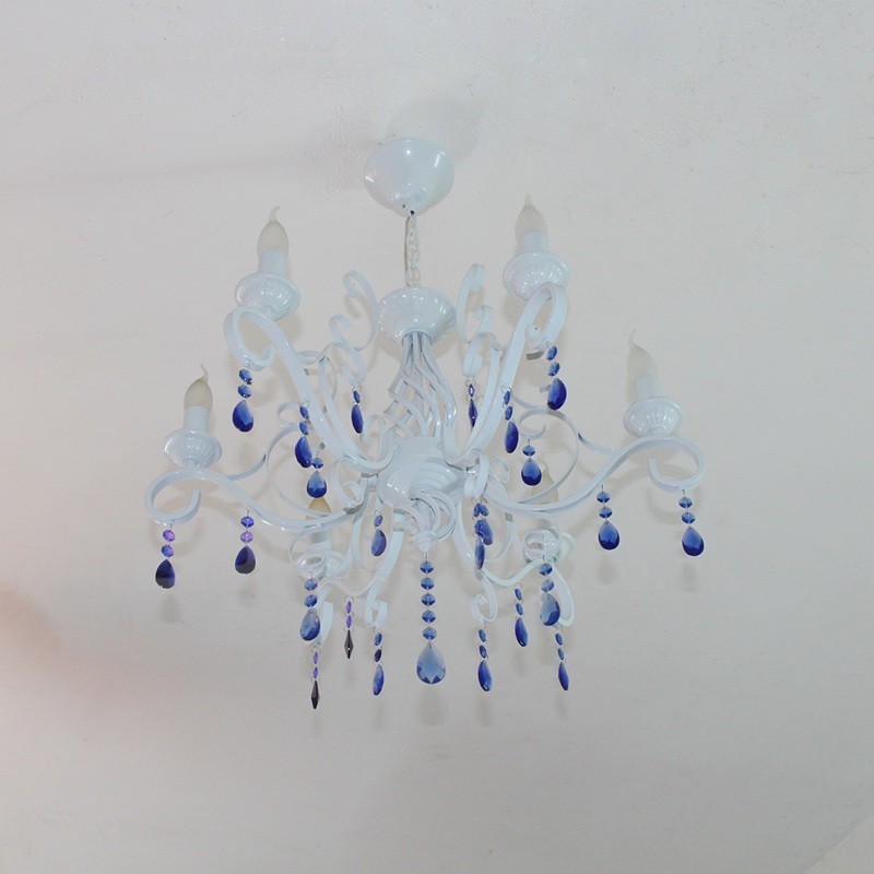 Lustre suspendu à 6 lumières en cristal rustique rétro vintage noir blanc bleu