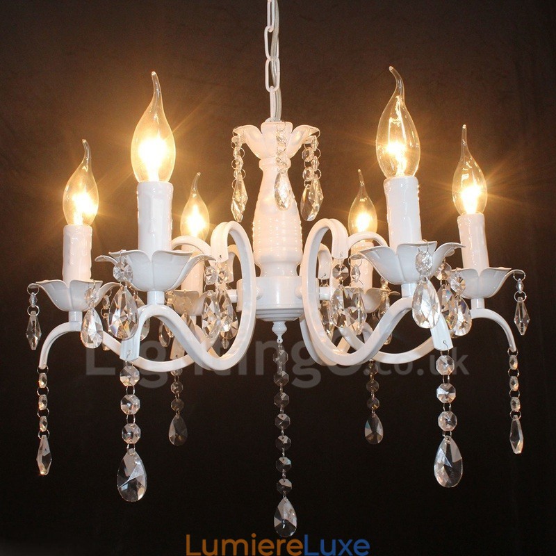 Lustre suspendu rustique rétro vintage blanc à 6 lumières en cristal