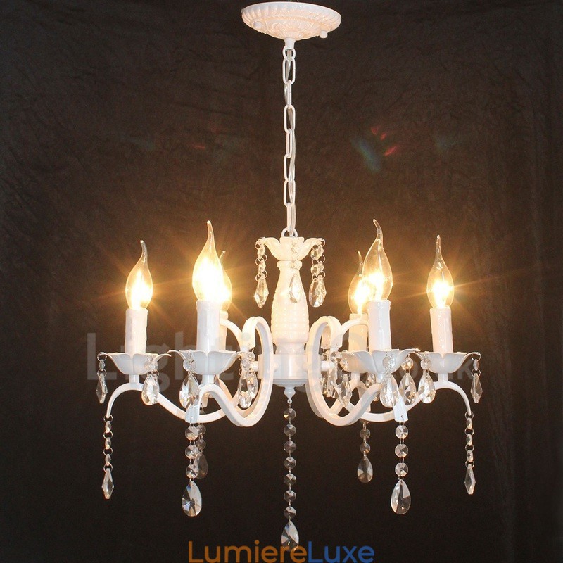 Lustre suspendu rustique rétro vintage blanc à 6 lumières en cristal