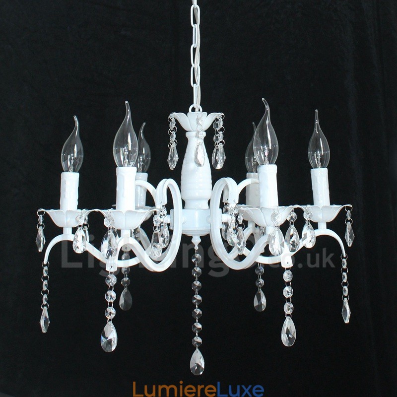 Lustre suspendu rustique rétro vintage blanc à 6 lumières en cristal