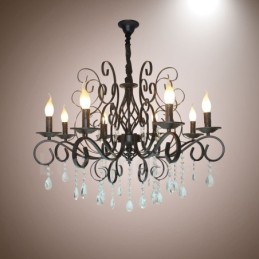 Lustre suspendu rustique rétro vintage noir à 8 lumières en cristal