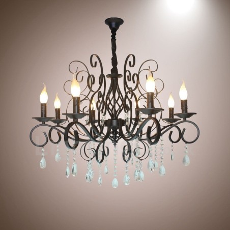 Lustre suspendu rustique rétro vintage noir à 8 lumières en cristal Lustre suspendu rustique rétro vintage noir à 8 lumières en cristal