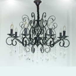 Lustre suspendu rustique rétro vintage noir à 8 lumières en cristal