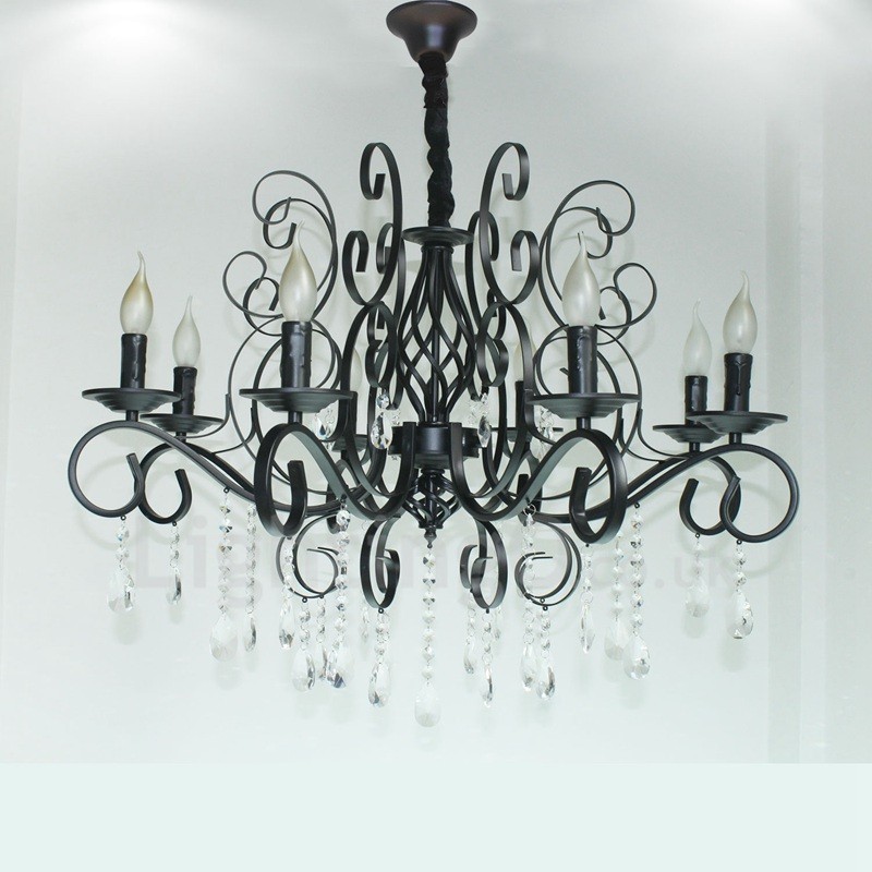 Lustre suspendu rustique rétro vintage noir à 8 lumières en cristal