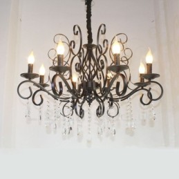 Lustre suspendu rustique rétro vintage noir à 8 lumières en cristal