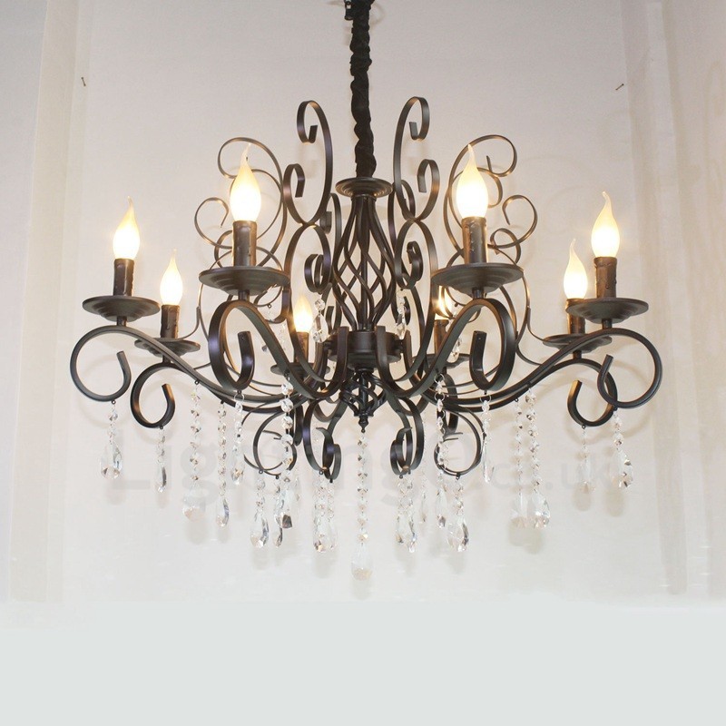 Lustre suspendu rustique rétro vintage noir à 8 lumières en cristal