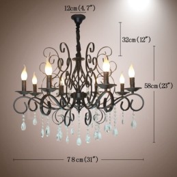 Lustre suspendu rustique rétro vintage noir à 8 lumières en cristal