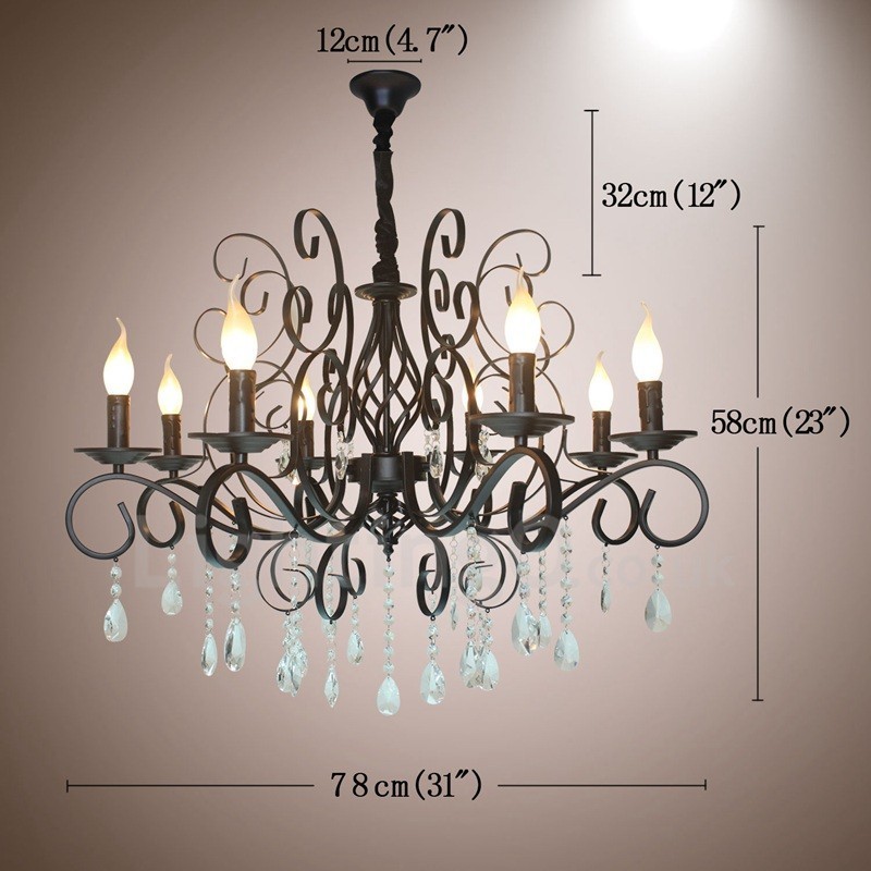 Lustre suspendu rustique rétro vintage noir à 8 lumières en cristal