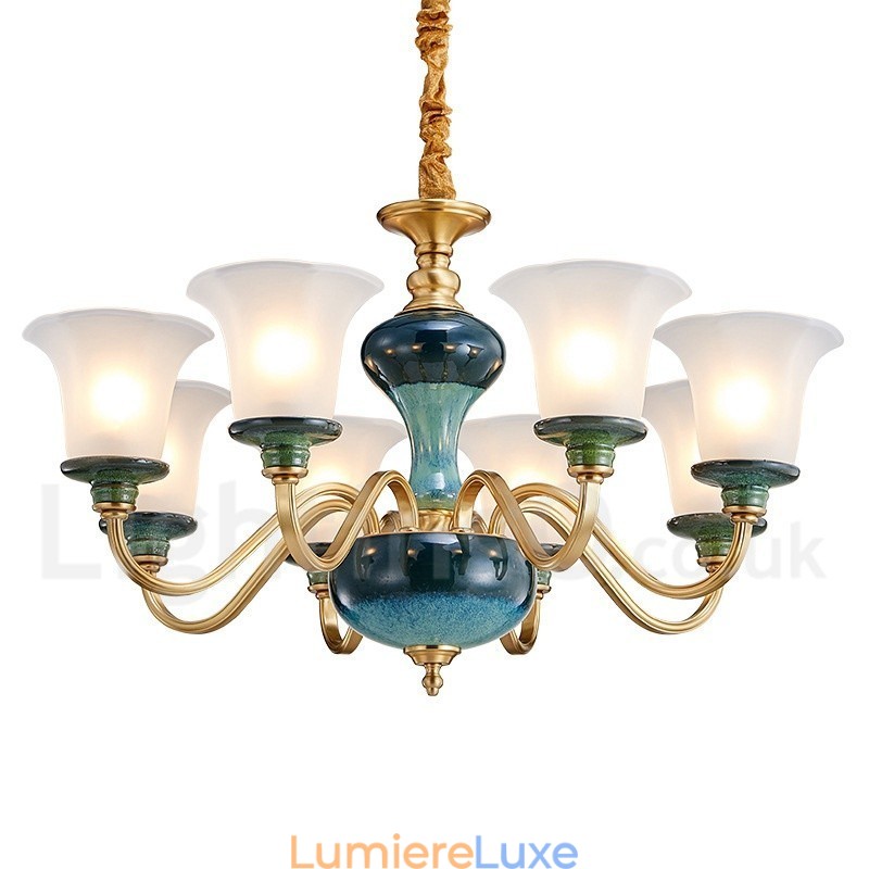 Lustre rétro vintage en laiton et céramique avec abat-jour en verre