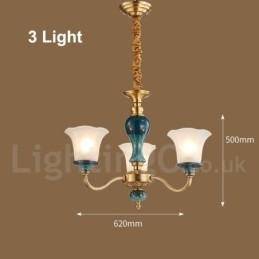 Lustre rétro vintage en laiton et céramique avec abat-jour en verre
