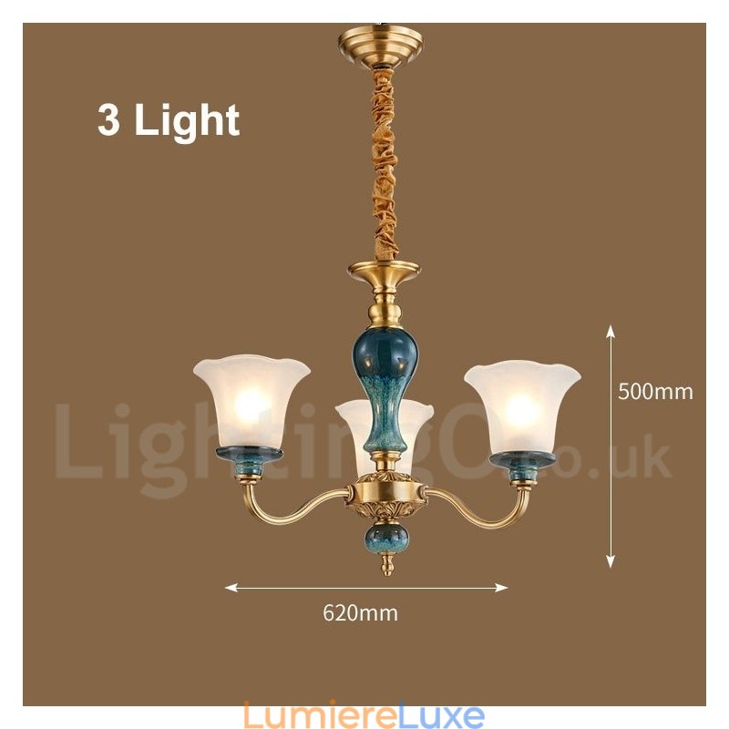 Lustre rétro vintage en laiton et céramique avec abat-jour en verre