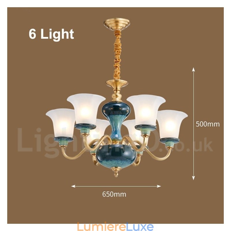 Lustre rétro vintage en laiton et céramique avec abat-jour en verre
