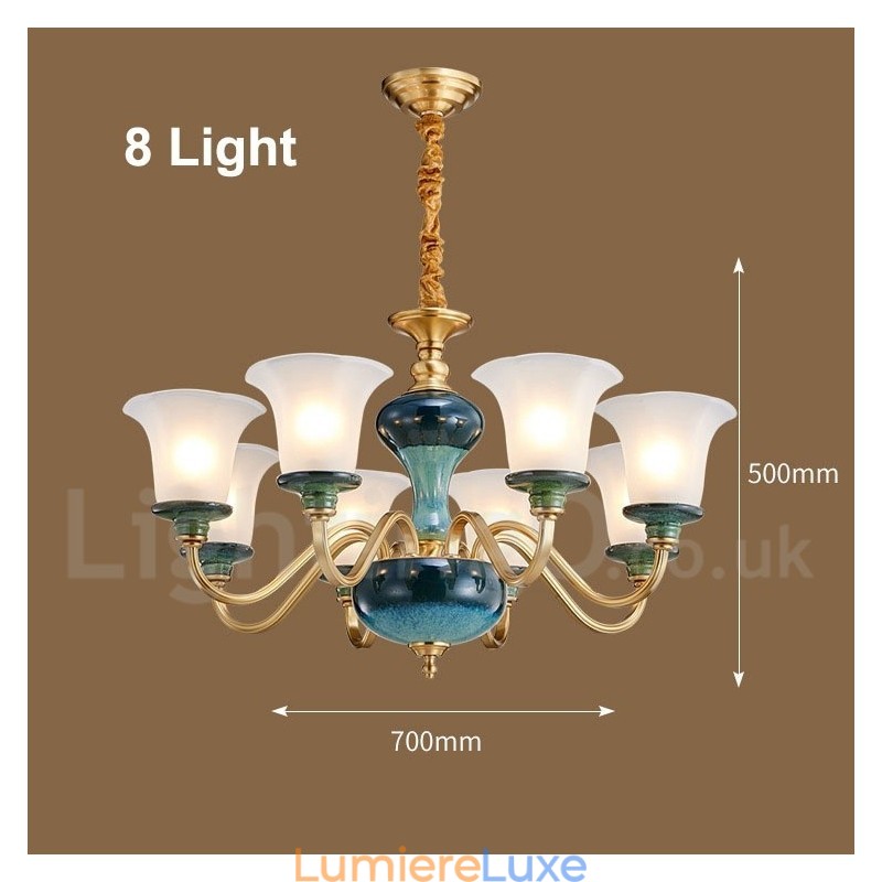Lustre rétro vintage en laiton et céramique avec abat-jour en verre