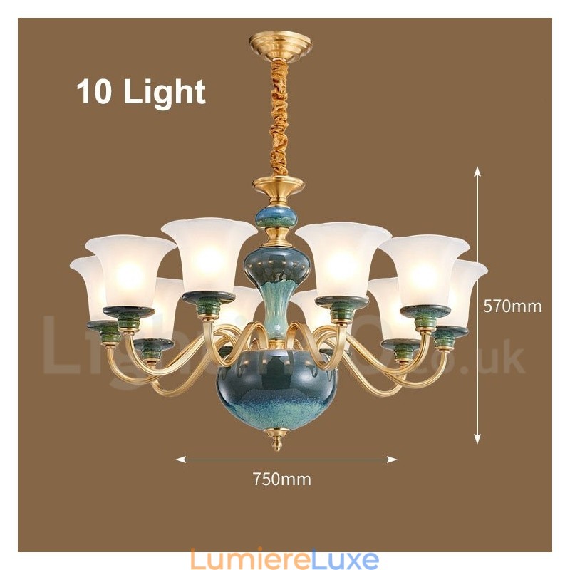 Lustre rétro vintage en laiton et céramique avec abat-jour en verre