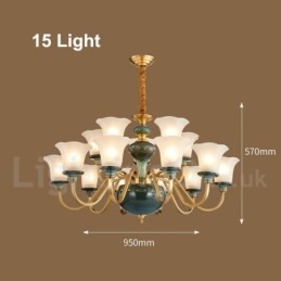 Lustre rétro vintage en laiton et céramique avec abat-jour en verre