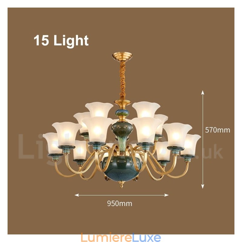 Lustre rétro vintage en laiton et céramique avec abat-jour en verre