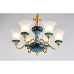 Lustre rétro vintage en laiton et céramique avec abat-jour en verre