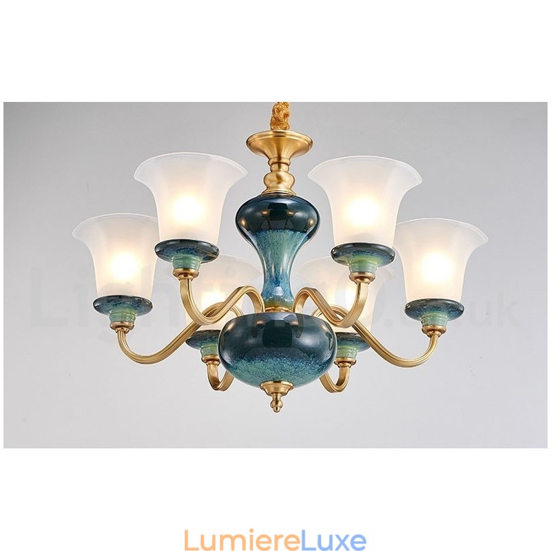 Lustre rétro vintage en laiton et céramique avec abat-jour en verre