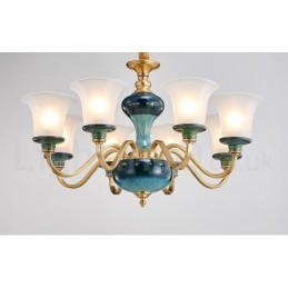 Lustre rétro vintage en laiton et céramique avec abat-jour en verre