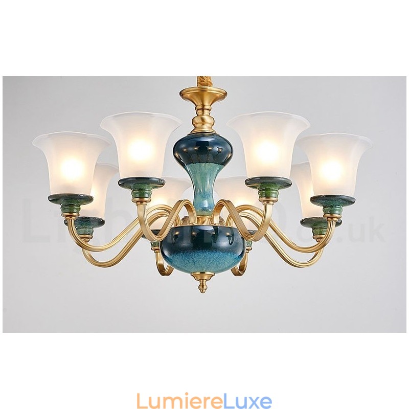 Lustre rétro vintage en laiton et céramique avec abat-jour en verre