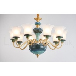 Lustre rétro vintage en laiton et céramique avec abat-jour en verre