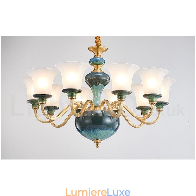 Lustre rétro vintage en laiton et céramique avec abat-jour en verre
