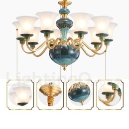 Lustre rétro vintage en laiton et céramique avec abat-jour en verre
