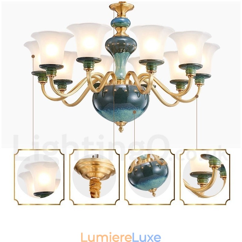 Lustre rétro vintage en laiton et céramique avec abat-jour en verre
